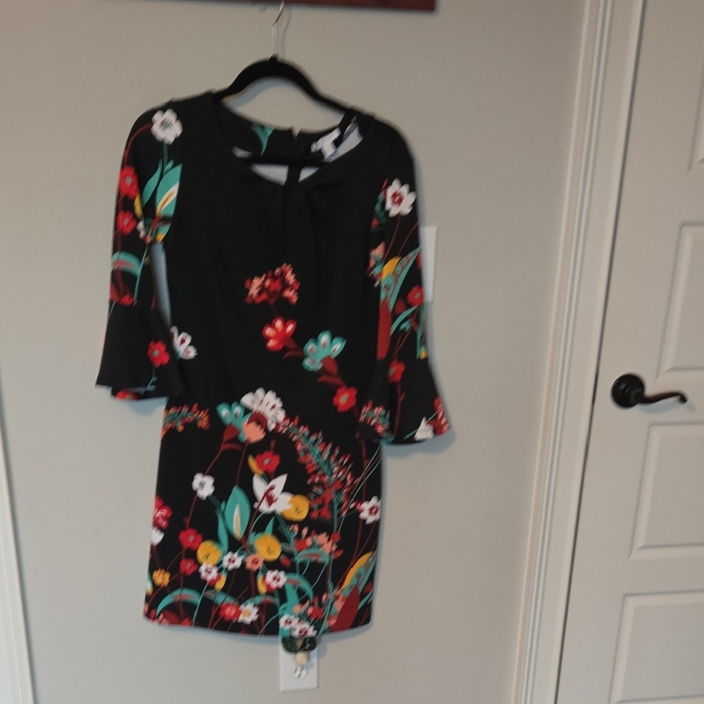 New York & Company Black Floral Long Sleeve Dress
